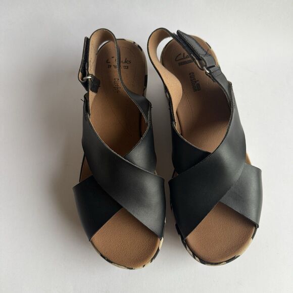 Clarks Stasha Hale Wedge Slingback strap black/white Sz 8.5M Crossed Wide Strap - Picture 4 of 13